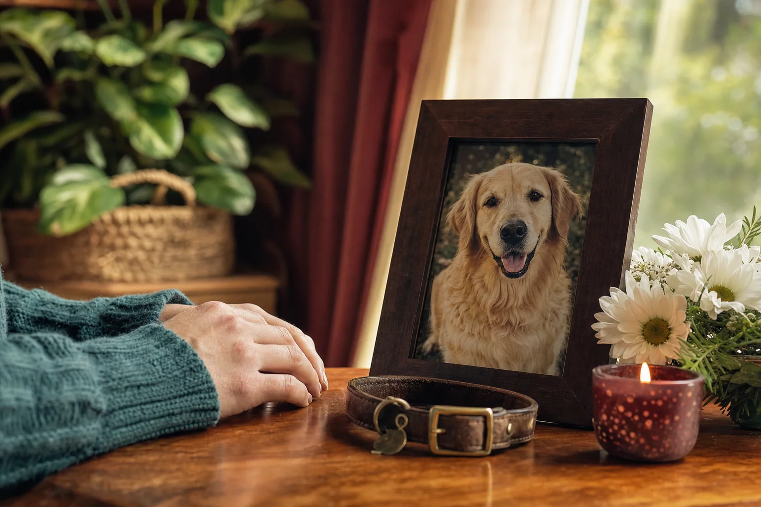 Retrato enmarcado de un perro junto a un collar, una vela encendida y flores sobre una mesa de madera