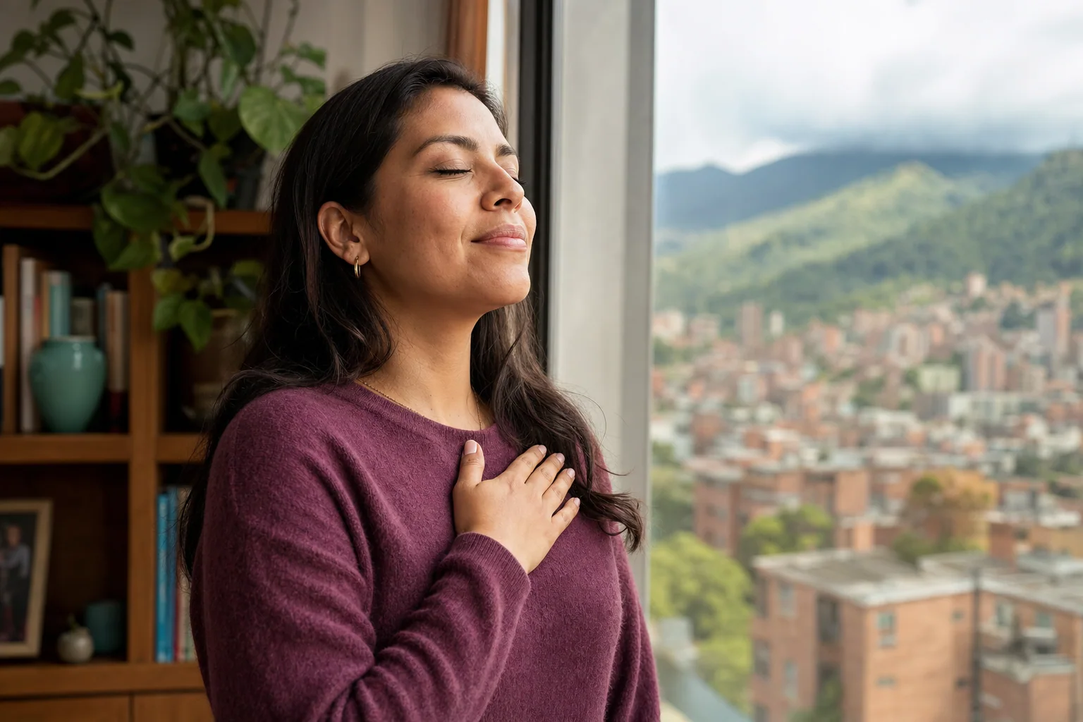 Mujer junto a una ventana con la mano sobre el pecho y la ciudad de Medellín al fondo