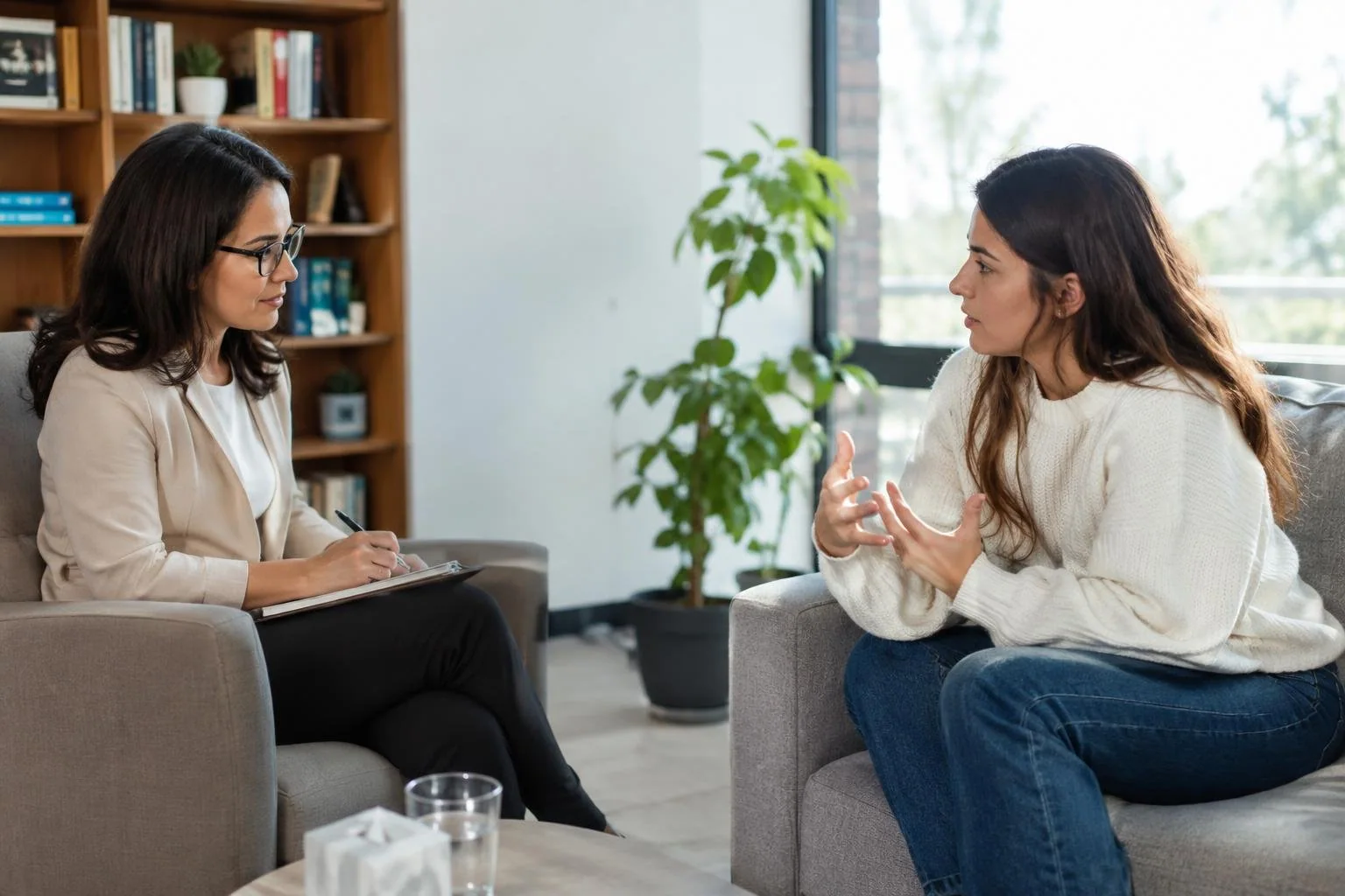 Psicóloga y consultante conversando sentadas frente a frente en un consultorio con plantas