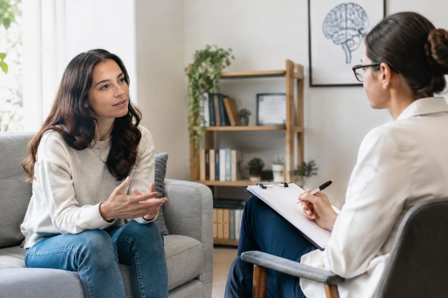 Dos mujeres conversando durante una sesión de terapia psicológica en una sala iluminada